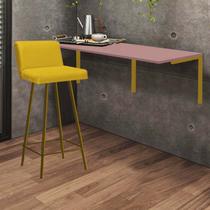 Kit Mesa Suspensa de Parede Fixa MDF Rosa + 1 Banqueta Lexi Ferro Dourado Suede Amarelo - Ahazzo Móveis