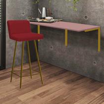 Kit Mesa Suspensa de Parede Fixa MDF Rosa + 1 Banqueta Lexi Ferro Dourado Suede Vermelho - Ahazzo Móveis