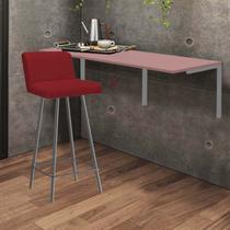 Kit Mesa Suspensa de Parede Fixa MDF Rosa + 1 Banqueta Lexi Ferro Prata material sintético Vermelho - Ahazzo Móveis