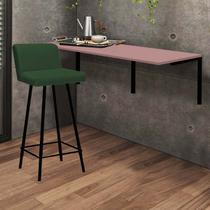 Kit Mesa Suspensa de Parede Fixa MDF Rosa + 1 Banqueta Lexi Ferro Preto Suede Verde - Ahazzo Móveis