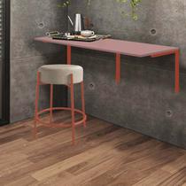 Kit Mesa Suspensa de Parede Fixa MDF Rosa + 1 Banqueta Sintra Ferro Bronze material sintético Bege - Ahazzo Móveis