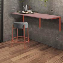 Kit Mesa Suspensa de Parede Fixa MDF Rosa + 1 Banqueta Sintra Ferro Bronze Suede Cinza - Ahazzo Móveis