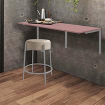 Kit Mesa Suspensa de Parede Fixa MDF Rosa + 1 Banqueta Sintra Ferro Cinza Suede Bege - Ahazzo Móveis