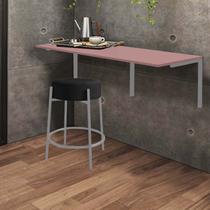 Kit Mesa Suspensa de Parede Fixa MDF Rosa + 1 Banqueta Sintra Ferro Cinza Suede Preto - Ahazzo Móveis