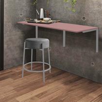 Kit Mesa Suspensa de Parede Fixa MDF Rosa + 1 Banqueta Sintra Ferro Prata Suede Cinza - Ahazzo Móveis