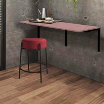 Kit Mesa Suspensa de Parede Fixa MDF Rosa + 1 Banqueta Sintra Ferro Preto Sintético Vermelho - Ahazzo Móveis