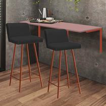 Kit Mesa Suspensa de Parede Fixa MDF Rosa + 2 Banquetas Lexi Ferro Bronze material sintético Preto - Ahazzo Móveis