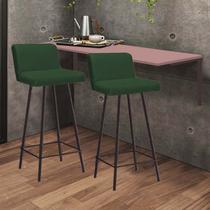 Kit Mesa Suspensa de Parede Fixa MDF Rosa + 2 Banquetas Lexi Ferro Marrom Suede Verde - Ahazzo Móveis