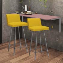 Kit Mesa Suspensa de Parede Fixa MDF Rosa + 2 Banquetas Lexi Ferro Prata material sintético Amarelo - Ahazzo Móveis