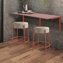 Kit Mesa Suspensa de Parede Fixa MDF Rosa + 2 Banquetas Sintra Ferro Bronze material sintético Bege - Ahazzo Móveis