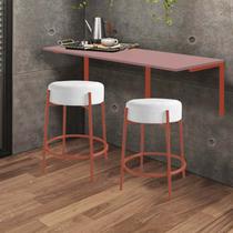 Kit Mesa Suspensa de Parede Fixa MDF Rosa + 2 Banquetas Sintra Ferro Bronze Suede Branco - Ahazzo Móveis