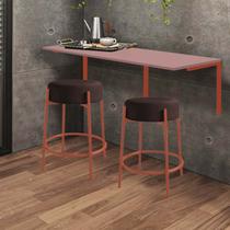 Kit Mesa Suspensa de Parede Fixa MDF Rosa + 2 Banquetas Sintra Ferro Bronze Suede Marrom - Ahazzo Móveis