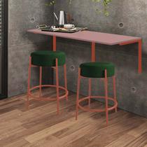 Kit Mesa Suspensa de Parede Fixa MDF Rosa + 2 Banquetas Sintra Ferro Bronze Suede Verde - Ahazzo Móveis