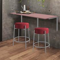 Kit Mesa Suspensa de Parede Fixa MDF Rosa + 2 Banquetas Sintra Ferro Cinza material sintético Vermelho - Ahazzo Móveis