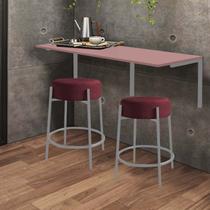 Kit Mesa Suspensa de Parede Fixa MDF Rosa + 2 Banquetas Sintra Ferro Cinza Suede Bordô - Ahazzo Móveis