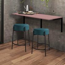 Kit Mesa Suspensa de Parede Fixa MDF Rosa + 2 Banquetas Sintra Ferro Preto Suede Azul Turquesa - Ahazzo Móveis