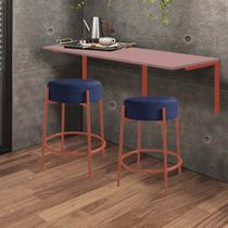 Kit Mesa Suspensa de Parede Fixa MDF Rosa + 2 Banquetas Sintra Ferro Rose Gold Sintético Azul Marinho - Ahazzo Móveis