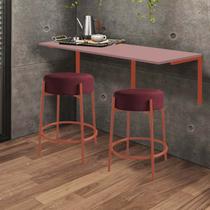 Kit Mesa Suspensa de Parede Fixa MDF Rosa + 2 Banquetas Sintra Ferro Rose Gold Suede Bordô - Ahazzo Móveis