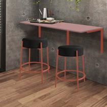 Kit Mesa Suspensa de Parede Fixa MDF Rosa + 2 Banquetas Sintra Ferro Rose Gold Suede Preto - Ahazzo Móveis