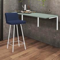 Kit Mesa Suspensa de Parede Fixa MDF Verde Oliva + 1 Banqueta Lexi Ferro Branco material sintético Azul Marinho - Ahazzo Móveis