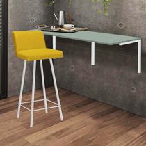 Kit Mesa Suspensa de Parede Fixa MDF Verde Oliva + 1 Banqueta Lexi Ferro Branco Suede Amarelo - Ahazzo Móveis