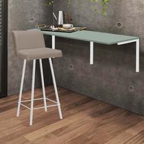 Kit Mesa Suspensa de Parede Fixa MDF Verde Oliva + 1 Banqueta Lexi Ferro Branco Suede Bege - Ahazzo Móveis