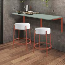 Kit Mesa Suspensa de Parede Fixa MDF Verde Oliva + 2 Banquetas Sintra Ferro Rose Gold Sintético Branco - Ahazzo Móveis