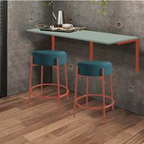 Kit Mesa Suspensa de Parede Fixa MDF Verde Oliva + 2 Banquetas Sintra Ferro Rose Gold Suede Azul Turquesa - Ahazzo Móveis