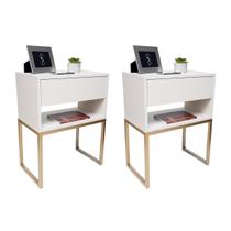 Kit Mesas Cabeceira 40Cm Off White Industrial Pé Dourado Eco Kit Mesas Cabeceira 40Cm Off White Industrial Pé Dourado Eco