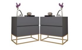 Kit Mesas de Cabeceira Eros 45cm Cinza Com Base de Ferro Dourado Para Quarto de Casal Com 2 Gavetas