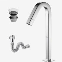 Kit Metais: Torneira Alta Inox Premium Válvula Click e Sifão Kit Metais: Torneira Alta Inox Premium Válvula Click e Sifão