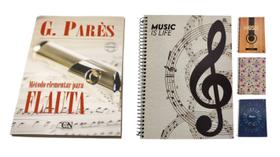 Kit Método Elementar Flauta Transversal G. Pares + Caderno Musical Capa Dura Pentagrama