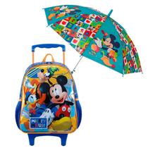 Kit Mickey Infantil Mochila Rodinhas 422717 cm em Poliéster e PVC GuardaChuva Automático 68 cm Aventura e Organização