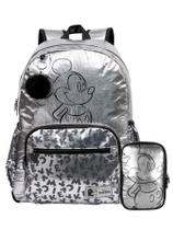 Kit Mickey Mouse Mochila de Costas + Estojo Box Prata Luxo