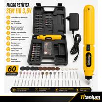 Kit Micro Retífica 3,6V Bivolt com 60 Acessórios e Bateria Recarregável Titanium Platina