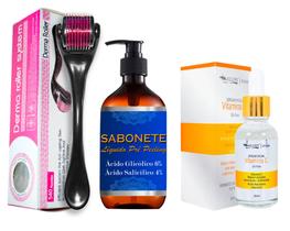 Kit Microagulhamento: Dermaroller + Sabonete Facial + Sérum Kit Microagulhamento: Dermaroller + Sabonete Facial + Sérum