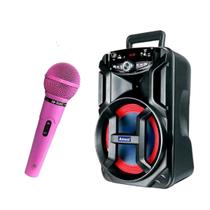 Kit Microfone Com Fio Rosa Profissional MC-200 P10 Leson + Caixa De Som Portátil Bluetooth 180W RMS ACA 188 Amvox