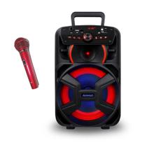 Kit Microfone Com Fio Vermelho Profissional P10 Leson + Caixa De Som Amvox Gigante II 220W Bluetooth Bivolt