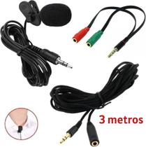 Kit Microfone de Lapela + Cabo Extensor 3 metros Adaptador P2 P3 Pc Celular