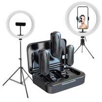Kit Microfone de Lapela Duplo Sem fio + 2 Ring Light e 2 Tripés