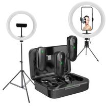 Kit Microfone de Lapela Duplo Sem fio + 2 Ring Light e 2 Tripés