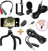Kit Microfone De Lapela Para Celular Smartphone Universal + Extensão Tripé Flexível Gravação de Vídeo