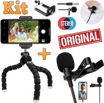 Kit Microfone de Lapela Profissional Para Celular Smartphone Universal Stereo Gravação de Vídeo + Tripé