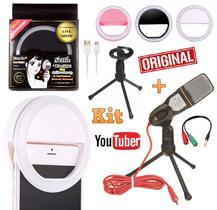Kit Microfone de Mesa Condensador Profissional Para Pc Celular Universal + Luz Flash Ring Light Youtuber