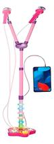 Kit Microfone Infantil Duplo Pedestal Luz Som Conecta Celular Pilha