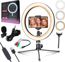 Kit Microfone Lapela Luz Iluminador Ring Light Tripé Celular