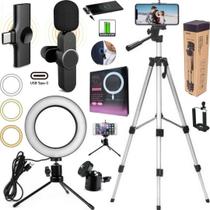 Kit Microfone Lapela Sem Fio Tipo-C Android + Tripé Luz Led Ring Light Gravação Vídeo