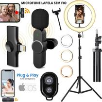 Kit Microfone Sem Fio iPhone Ring Light Luz Suporte Tripé Filmagem Tiktok Vídeo Aula