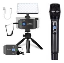 Kit Microfone Sem Fio lapela e de mão iPhone Android Reportagens Transmissões lives podcast
