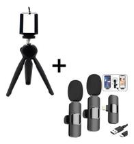 Kit Microfone Sem Fio Lapela Para iPhone e tipo c e Mini Tripé Preto